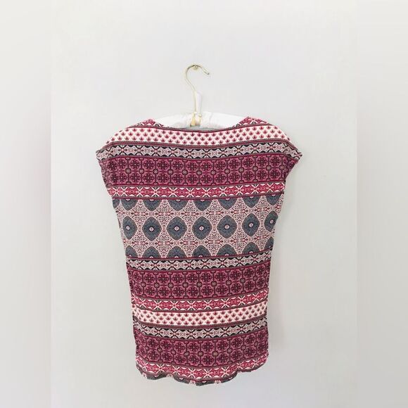 LUCKY BRAND Medallion Tie Front Tee Cream Burgundy Floral Print Cap Sleeve Boho - Picture 6 of 6